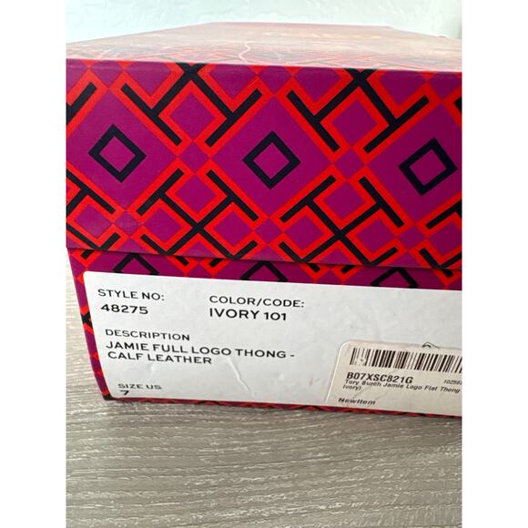 Tory Burch Jamie Full Logo Thong Calf Leather Sandals In Ivory Size 7 Womens NIB - Picture 7 of 7